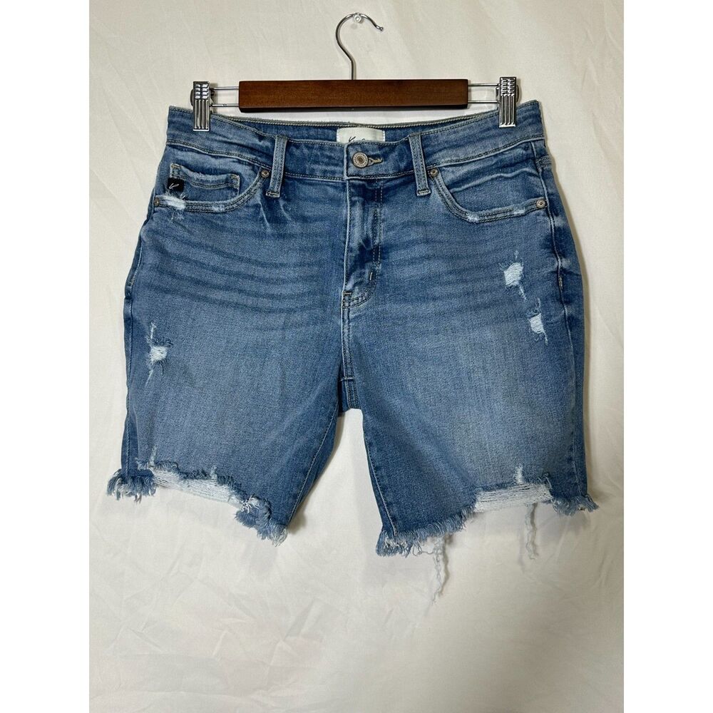 KanCan Womens Denim Distressed Stretchy Cut Off Blue Jean Shorts Mid Rise Size L